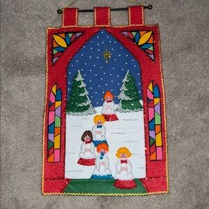 Vintage Handcrafted Colorful Christmas Wall Hanging with Angels-EUC
